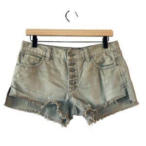 Women's 25 Free People Distressed Button Fly Cutoff Shorts in Washed Green